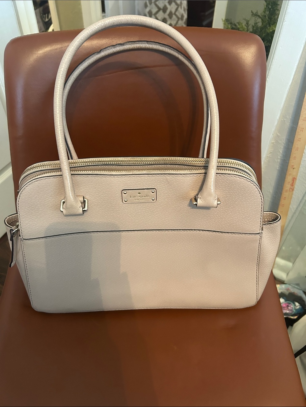 kate spade Pebbled Leather Double-Zip Satchel in Pale Beige